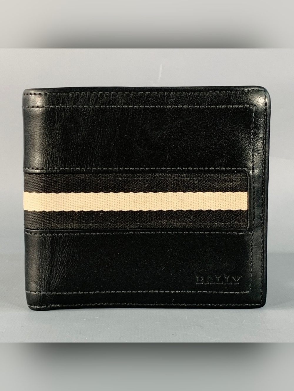 Bally Black White Ribbon Stripe Leather Bifold Wallet